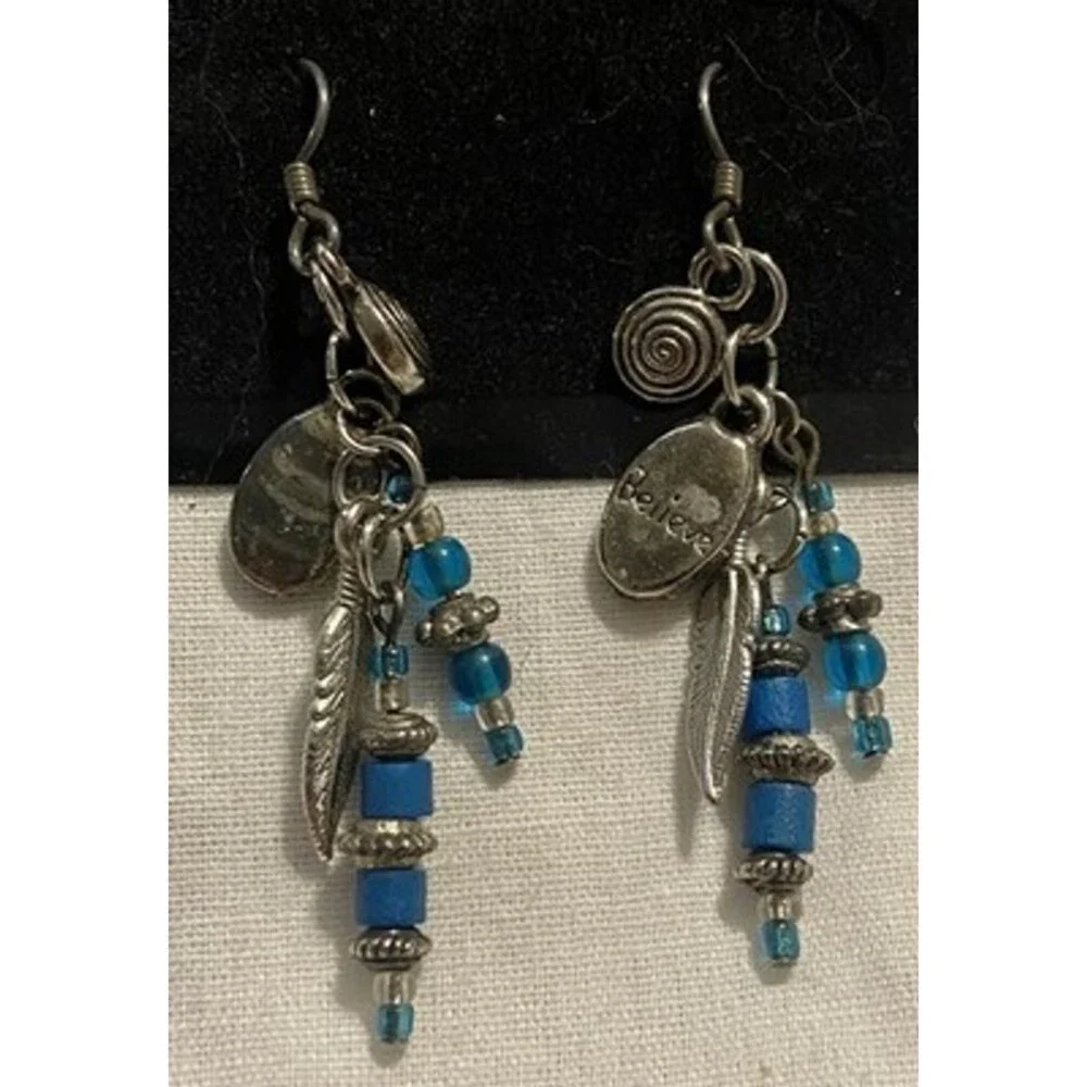 Girls Lady's Bohemian Boho Aqua Blue Bead Pierced Earrings 7cm